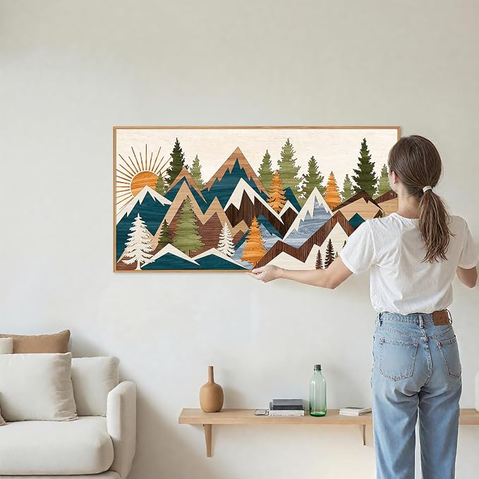 Tinonedraw Large Mountain Framed Canvas Wall Art, Boho Rustic Sunrise Forest Wall Decor, Vintage Woodsy Nature Art Painting, Modern Wilderness Trees Art Print for Living Room Bedroom Office 20"x40"