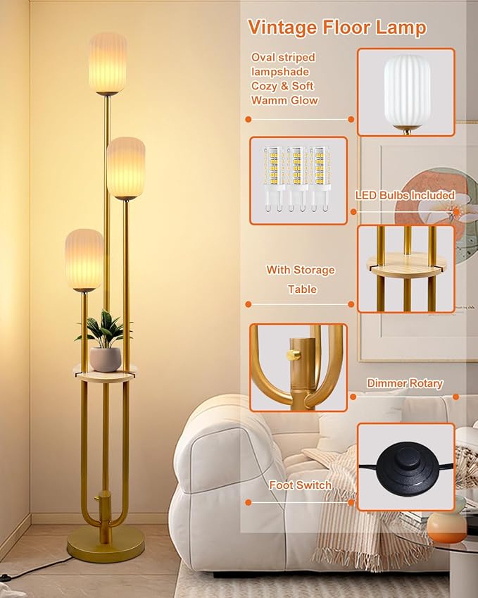 Lightdot Gold Dimmable Floor Lamp with Shelf Modern Floor Lamps with Oval Striped Lampshade 3000K Bulb Included 3-Lights Candle Holder Style Tall Lamp for Living Room/Bedroom/Sofa Beside/Corner Decor