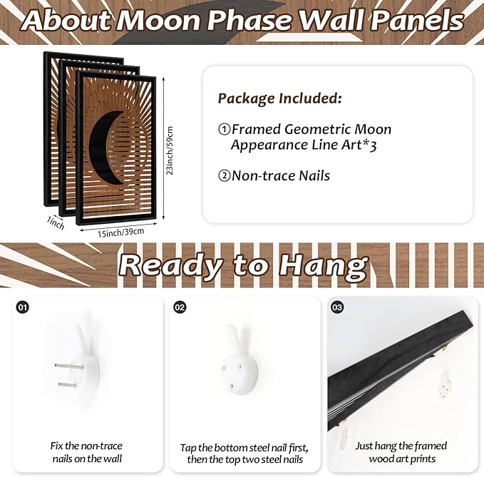CHDITB Wooden Moon Phase Celestial Framed Wall Decor(Set of 3, 16"x24"), Boho Geometric Moon Appearance Line Art Hollow Laser Cut Decor, Nordic Gothic Minimalist Artwork Wall Sculpture for Living Room Bedroom