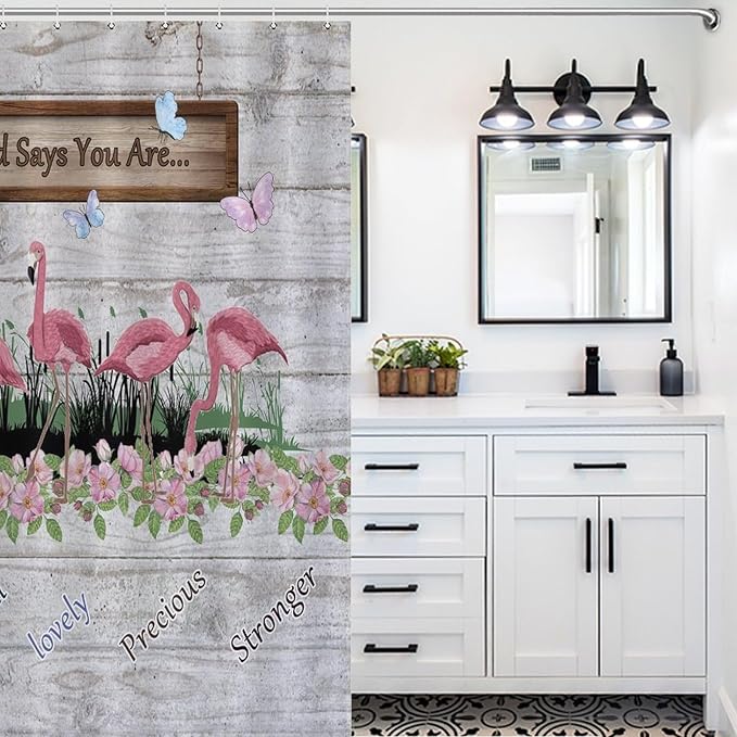 Flamingo Shower Curtain,Summer Beach Tropical Leaves Butterflys Floral with Inspirational Quotes Waterproof Shower Curtains for Bathroom Decor 12 Pack Hooks 55x72in（140x183cm）
