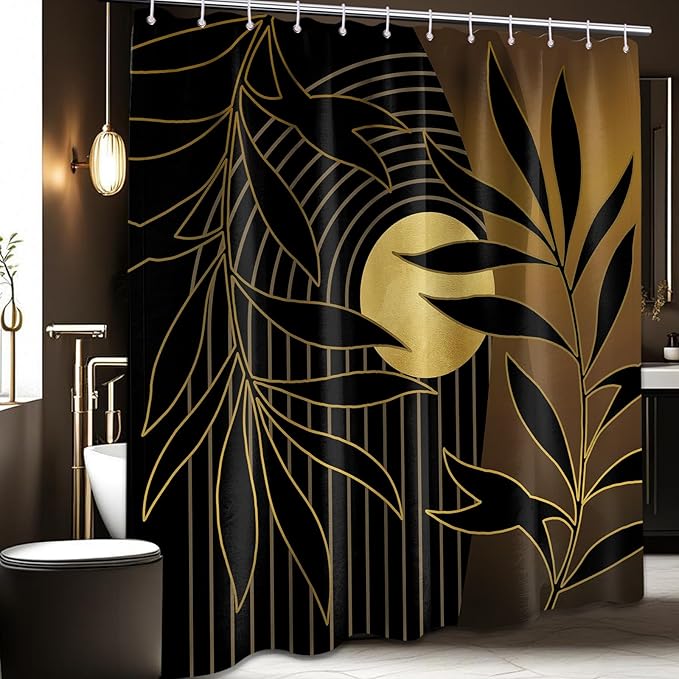 Black and Gold Boho Shower Curtain, Mid Century Modern Shower Curtains for Bathroom, Mens Bath Curtain Set, Waterproof Fabric with Hooks, 70" W x 72" L (Pack of 1)