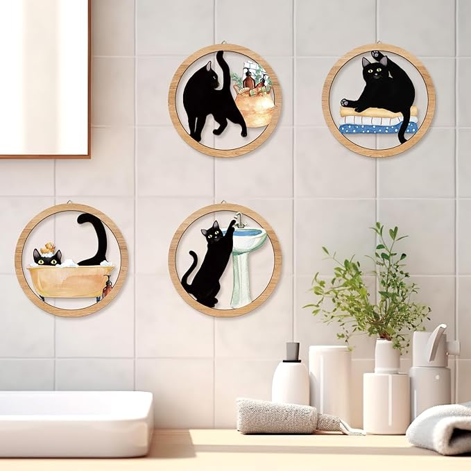 HPNIUB Funny Bathrooms Wall Decor, Black Cats In the Bath Wood Sign, 4 Pieces 10''x10'' Farmhouse Wooden Hanging Sign for Toilet Powder Room Restroom Wall Decoration, Lovely Cat Gifts