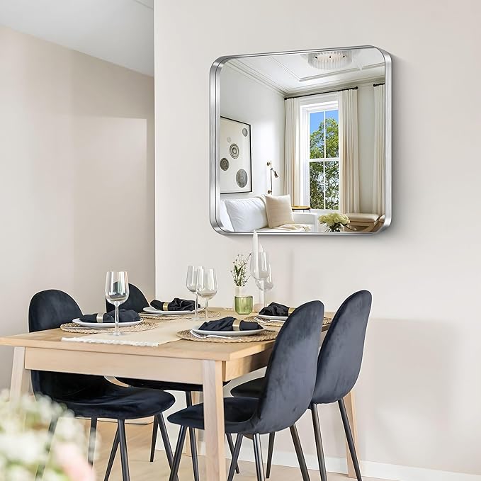 CIRCUMI Silver Bathroom Mirror, 30"x30" Rectangular Mirror with Deep Metal Frame, Rounded Corner, Tempered Glass, Square Mirror for Wall, Oversink, Bedroom, Living Room, Vanity, Entryway,Crystal-Clear