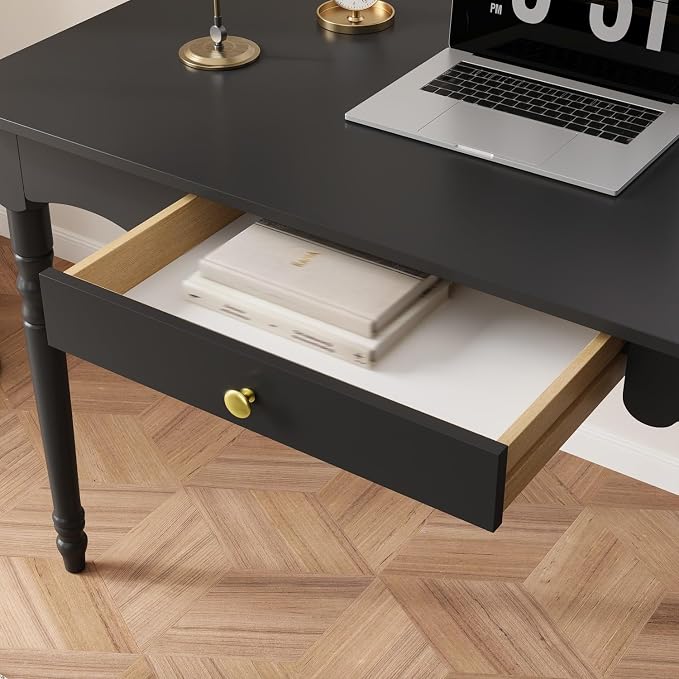 Timechee 47 inch Study Computer Desk, Black Office Work Desk with a Storage Drawer for Bedroom, Mid-Century Modern Computer Study Writing Table with Roman Column Legs for Home Office, Living Room