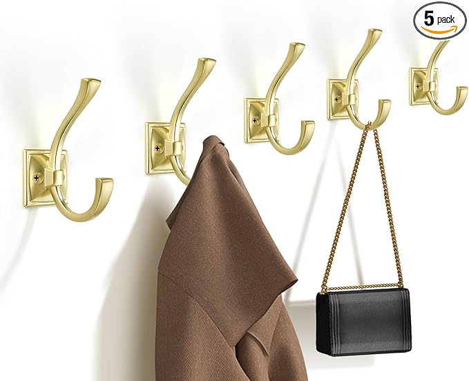 TUNNY 5 Pack Antique Design Wall Hanging Coat Hooks - Brushed Gold Coat Hooks Towel Hook for Entry Shoe Cabinet, Wardrobe Bathroom Bedroom Furniture Hardware
