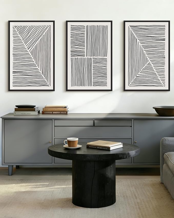 Drsoum Mid-Century Modern Framed Wall Art Large 24x36in Minimalist Abstract Boho Black Line Wall Decor Geometric Artwork Kitchen Dining Room Black Framed