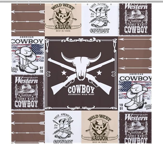 Vintage Cowboy Western Country Shower Curtain,Bull Head Boots Arrow Patchwork Design Waterproof Shower Curtains for Bathroom Decor 12 Pack Hooks 72x72in (183x183cm)