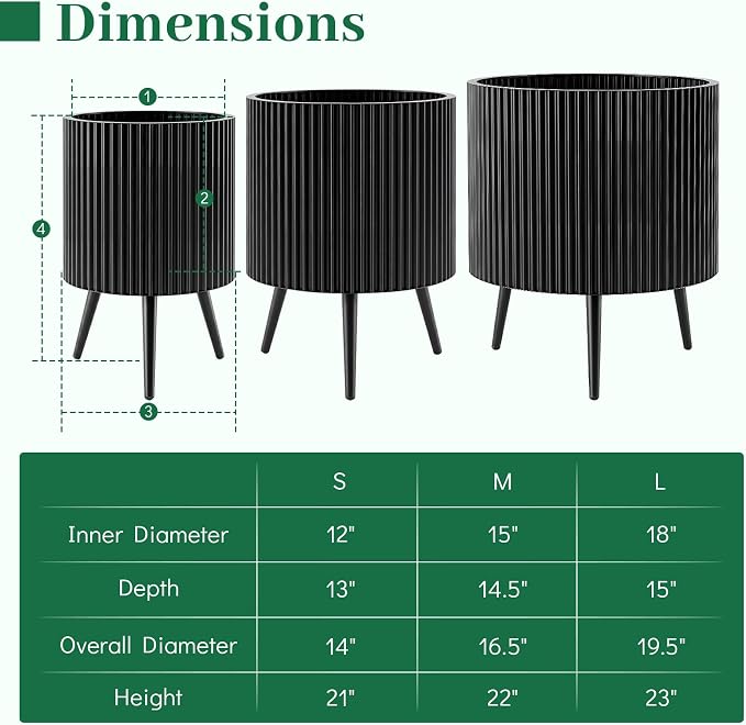 Giantex 14 inch Plant Pot with Stand Set of 2, Mid-Century Modern Fluted Planter with Built-in Drainage Holes, Metal Flower Pot with Tapered Legs for Living Room, Office, Porch, Garden