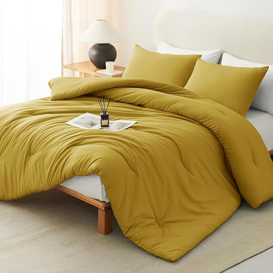 CozyLux King Size Comforter Set Mustard Yellow, 3 Pieces Lightweight Down Alternative Quilted Bedding Sets, All Season Soft Breathable Solid Comforter with 2 Pillowcases, Luxury Bed Set Gift for Home