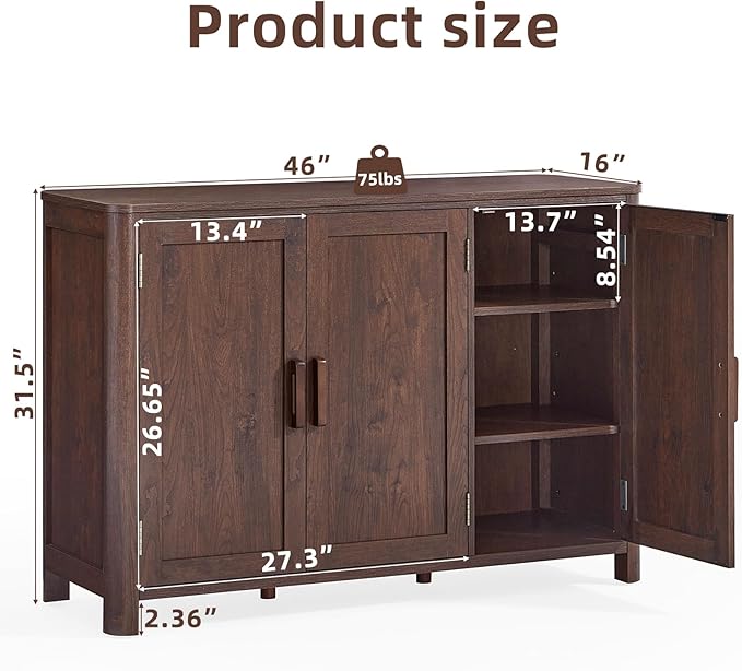 Sideboard Buffet Cabinet with Storage, 46" Arc-Shaped Credenza with 3 Doors & Adjustable Shelves, Mid Century Modern Coffee Bar Cabinet for Kitchen, Living Room, Entryway, Walnut