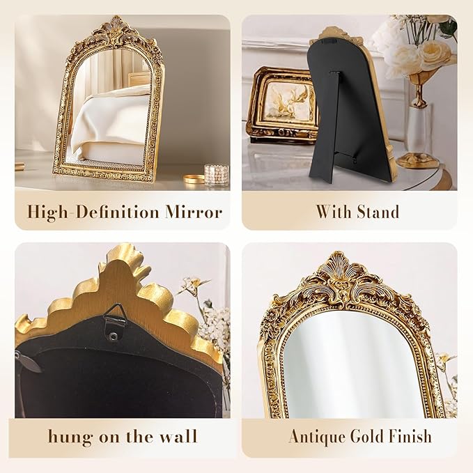 YUSONG Vintage Desk Mirror – 7" Gold Antique Tabletop Mirror with Resin Frame, Decorative Wall Art for Living Room Bedroom Vanity Desk Decor, Birthday Gift