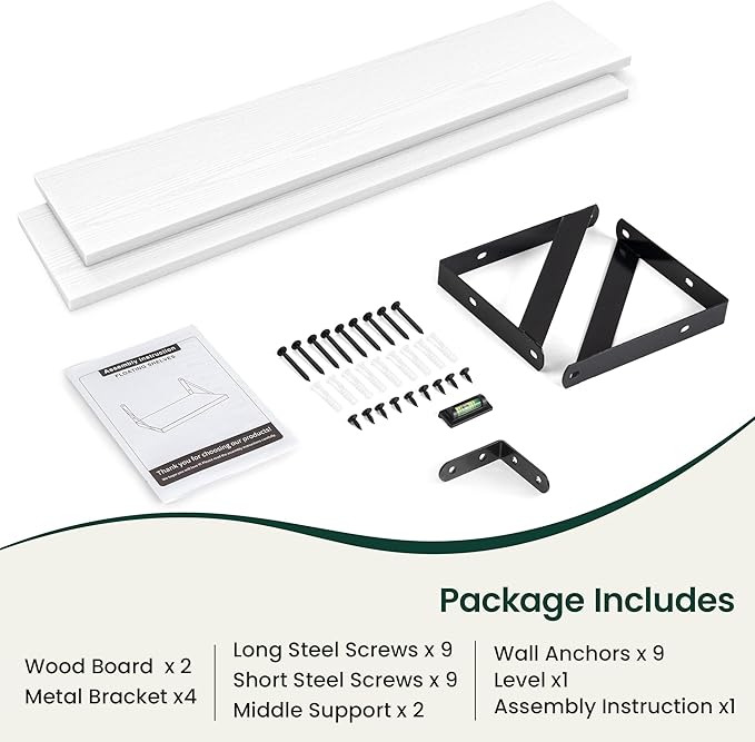 Floating Shelves, 8 Inch Deep Rustic Wood Wall Storage, 36W x 8D Wall Shelves Set of 2, Heavy Duty Metal Brackets, Industrial Book Shelf for Living Room, Kitchen, Bathroom, Bedroom, White