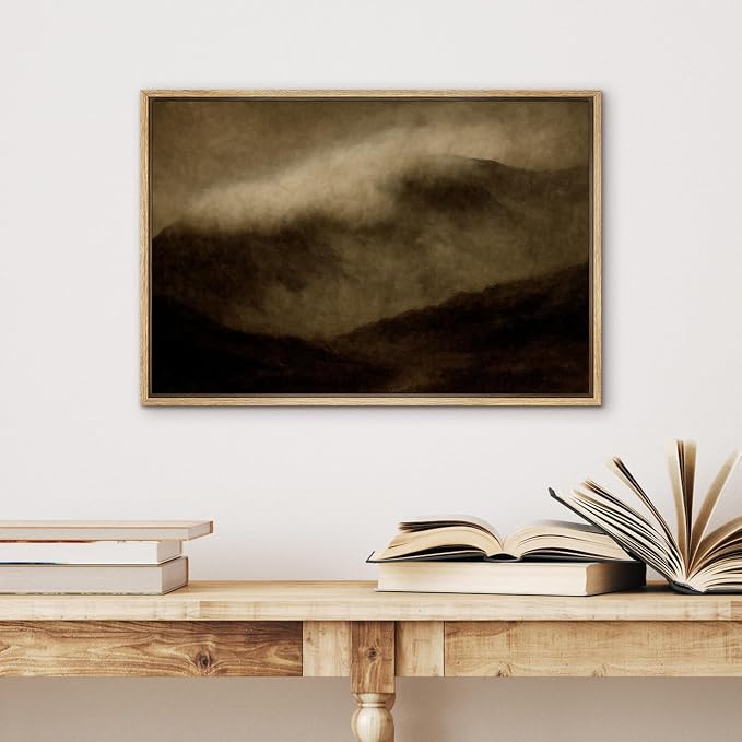 SIGNWIN Framed Canvas Print Wall Art Fog Rolling Over Mountains Moody Sepia Nature Illustrations Minimalism Decorative Boho Multicolor Retro for Living Room, Bedroom, Office - 16"x24" Natural