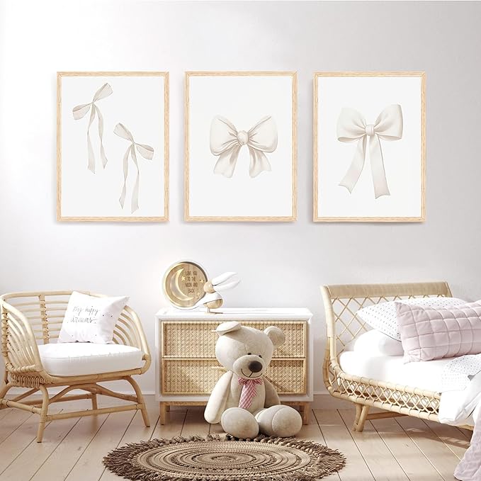 PicturePerfect Decor Set of 3 Bow Shaped Canvas Wall Art, 16x24Inch Framed Prints - Cream Ribbon for Girls Bedroom Nursery Living Room Dressing Room, Minimalist Home Decor with Light Wood Frame