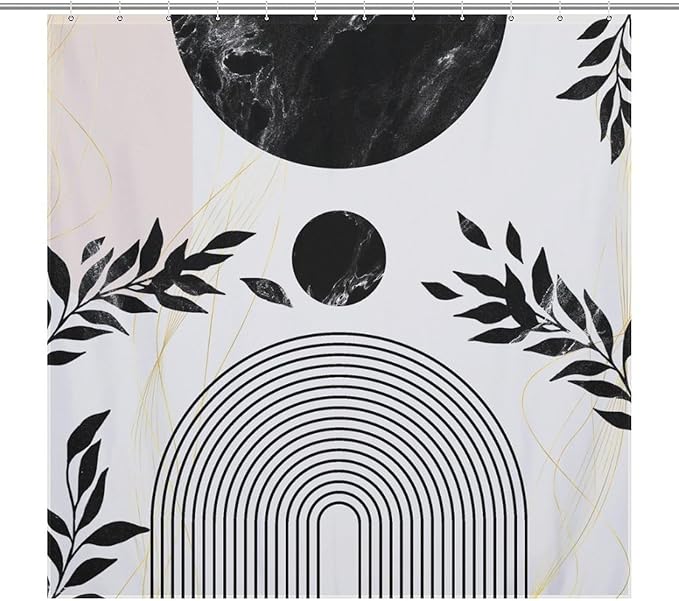 Boho Mid Century Leaf Shower Curtain,Arch Sun Design,Minimalistic Leaves Pattern Luxurious Washable Waterproof Fabric for Bathroom Decor Bathtub with 12 Hooks 72x72in (183x183cm)