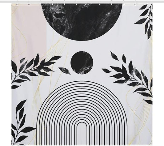 Boho Mid Century Leaf Shower Curtain,Arch Sun Design,Minimalistic Leaves Pattern Luxurious Washable Waterproof Fabric for Bathroom Decor Bathtub with 12 Hooks 72x72in (183x183cm)