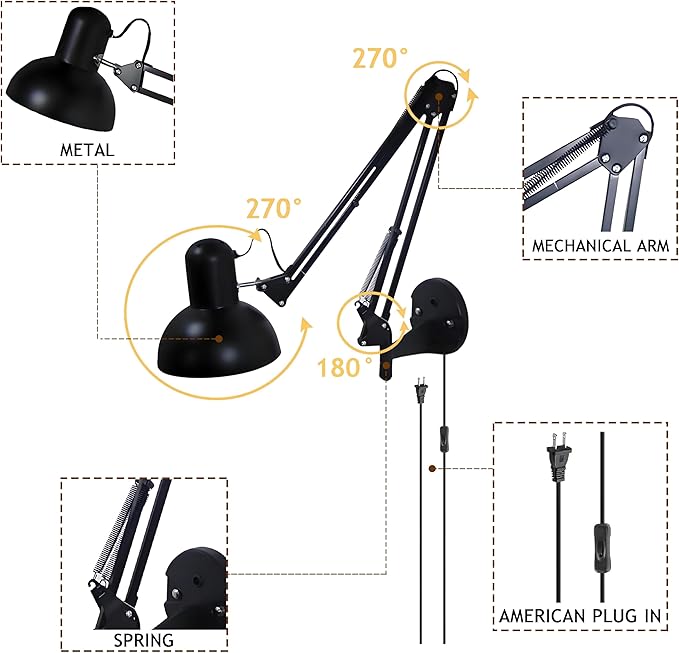 Black Industrial Swing Arm Wall Light Nordic Adjustable Long Arm Wall Sconces Lamp Metal Double-arms Folding Architect Work Wall Mount Lighting for Bedroom Reading Living Room