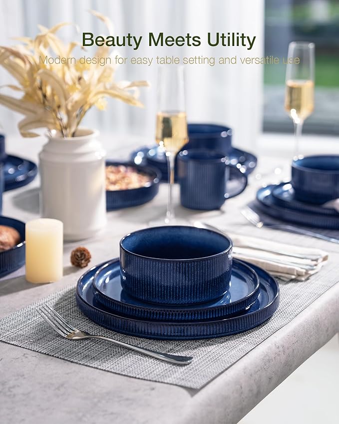 famiware Star Plates and Bowls Sets, Modern Stoneware Dinnerware Sets for 8, 24-Piece Kitchen Dish Set - Microwave and Dishwasher Safe, Chip and Scratch Resistant, Nebulas Blue