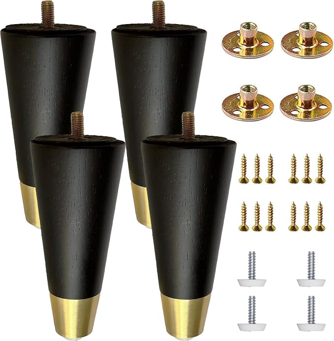 Round Solid Matte Black Rubberwood Replacement Couch Legs (6-Inch Set of 4)