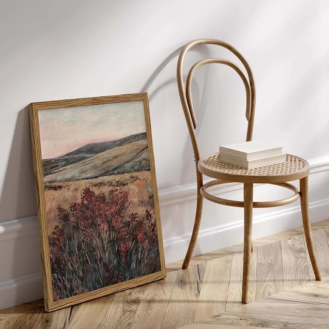 Moody Landscape Wall Art Vintage Wildflower Wall Decor Painting Cottagecore Nature Botanical Flower Picture Artwork 3D Textured Hand Drawn Sandstone for Living Room Bedroom 16x24 inch Wood Framed