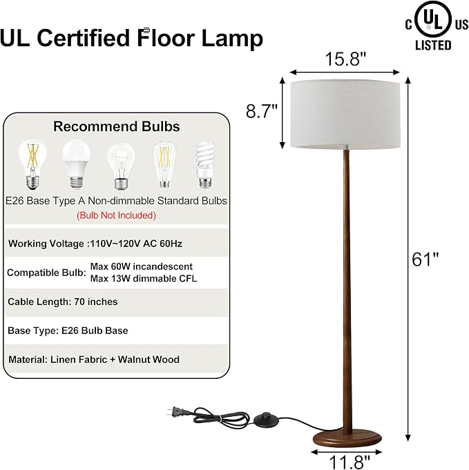 61" Rustic Walnut Wood Floor Lamp, Mid Century Standing Tall Lamp with Linen Shade, Retro Farmhouse Lighting for Home Living Room, Bedroom, Dining Room, UL listed, E26 Base (Bulb Not Included), Cream