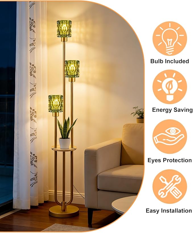 Lightdot 3-Lights Glass Floor Lamp for Living Room Modern Gold Floor Lamp with Green Glass Shade for Wedding/Party Farmhouse Tall Standing Lamp with 5Lb Heavy Base for Bedroom/Sofa Beside/Corner Decor