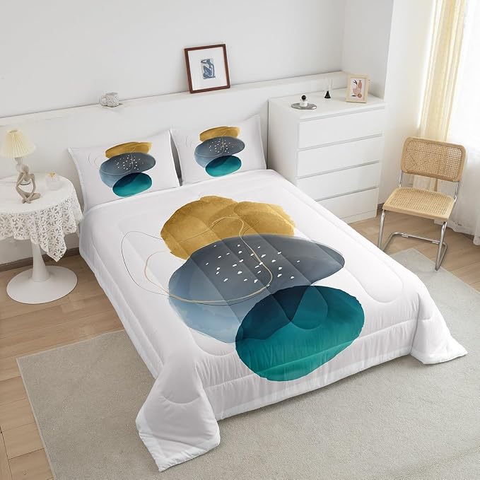Geometric Bedding Set King Vintage Minimalism Comforter Set, Mid Century Duvet Insert Abstract Polka Dots Quilt Sets, Aesthetic Lines Bedding Comforters & Sets Beige Dark Green White Grey 3-Piece
