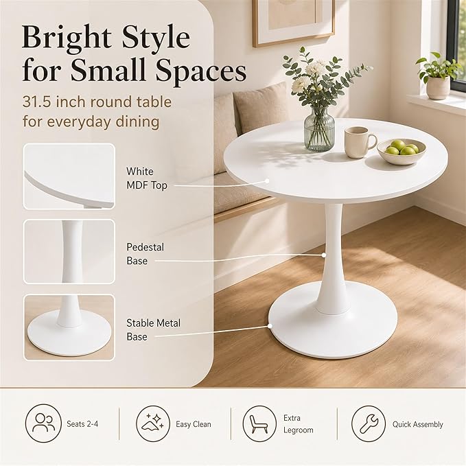 Modern 31.5" Round Tulip Dining Table White Pedestal Table for 2–4 Small Kitchen Table Apartment Breakfast Nook Mid Century Style Compact Dining Room(No Chairs)