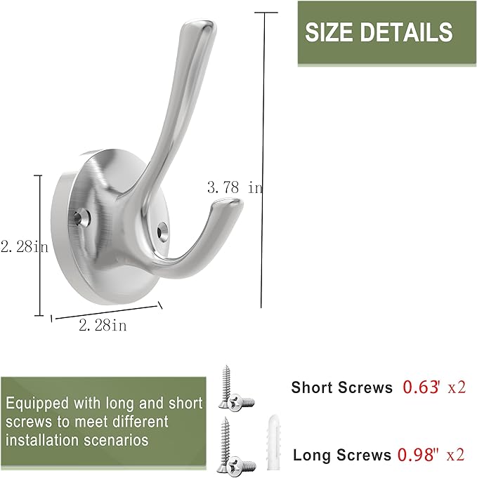 Brushed Nickel Wall Hooks, 4 Pack Heavy Duty Coat Towel Hook Metal Double Hook Wall Mounted Hanging, Bath Towel Hooks for Entryway Cubicle Bathroom Closet Garage