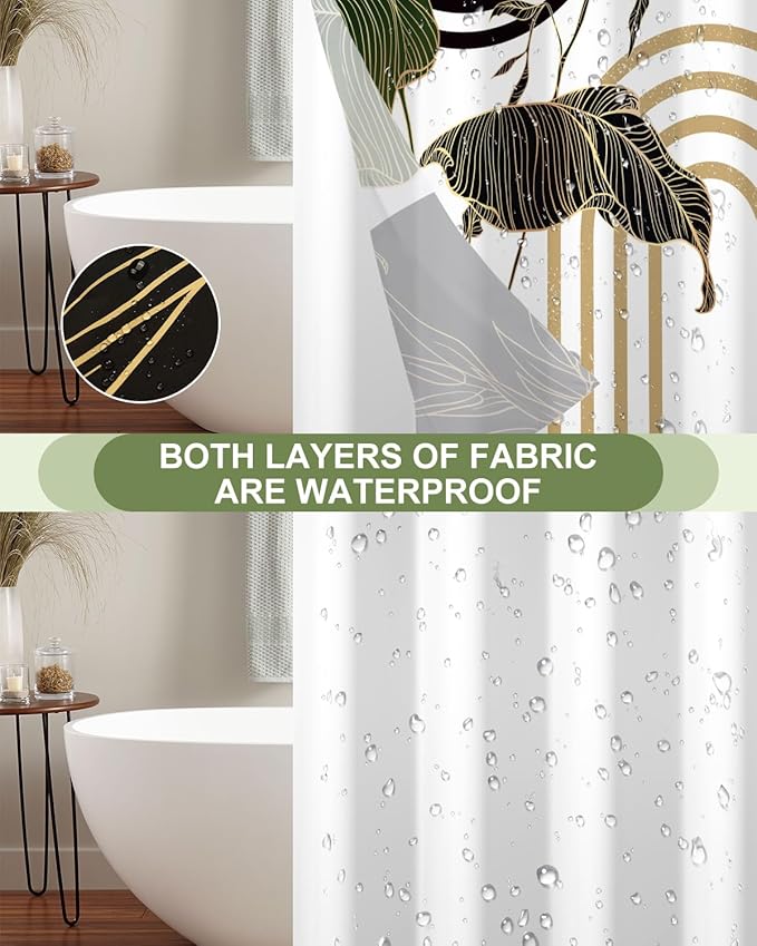 No Hook Shower Curtain with Snap in Liner Set, Abstract Tropical Botanical Print Shower Curtains for Boho Mid Century Modern Bathroom, Waterproof Bath Curtain with Mesh Top, 71x74 Inch