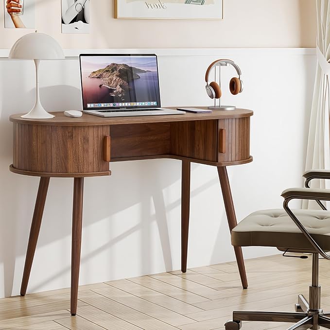 43" Wood Writing Desk with Sliding Door Hide Storage, MCM Home Ofiice Fluted Desk with Unique Design - Make You Leg Free, Small Table with Metal Leg for Study, Vanity, Light-Work (Walnut)
