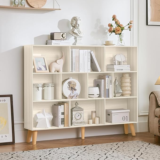 LEYAOYAO 10 Cube Bookshelf, 3 Tier Vintage 55" Wide Bookcase with Legs, Mid-Century Bookshelves Storage, Light Grey White Large Book Case, Freestanding Organizer Display Shelf for Living Room, Office