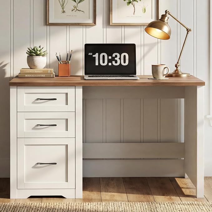 Vabches Farmhouse 47” Executive Desk with File Drawer, Mutual Installation Rustic Computer Desk with 2 Storage Drawers,Office Home Workstation for Study Work Writing, Unique White