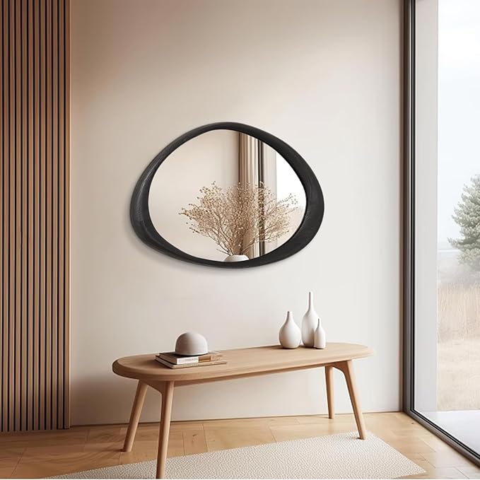 AAZZKANG Irregular Wall Mirror 28"x20" Black Asymmetrical Wall Mounted Mirrors Modern Wood Frame Mirror Large for Bathroom Bedroom Living Room Entryway