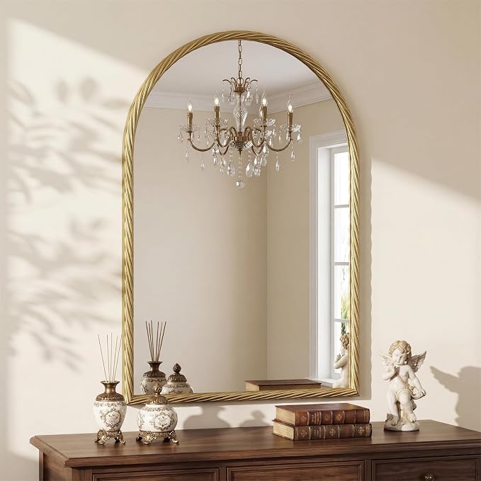 Large Vintage Arched Wall Mirror - 24"X36" Gold Rope-Like Metal Framed Mounted Mirror for Wall Decor, Vanity Mirrors for Bathroom, Living Room, Bedroom, Fireplace