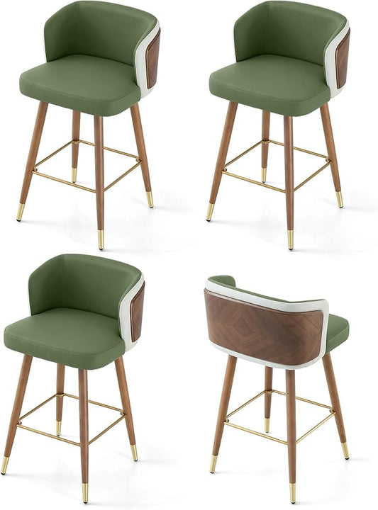 ARTPLAN Mid Century Modern Bar Stools Set of 4 for Counter Height - Leather Upholstered Seat with Walnut Wood Frame, Retro 34 Inch Bar Chairs for Home Kitchen Island, Bar, Breakfast Nook,Avocado