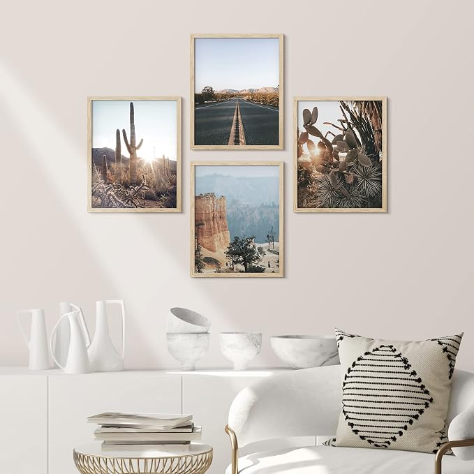 SIGNWIN Framed Cactus Desert Landscape Wall Art, Set of 4 Southwest Texas Arizona Saguaro Wall Decor Prints, Nature Wilderness Wall Décor for Living Room, Bedroom - 8"x10"x 4 Natural