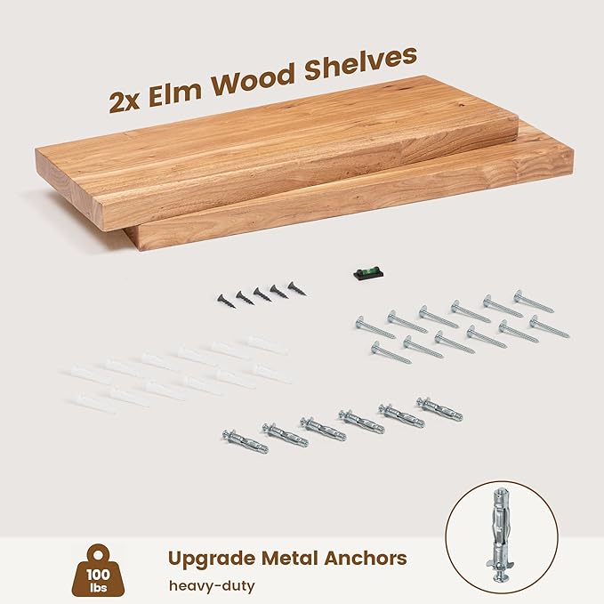 Reclaimed Elm Wood Floating Shelves for Wall, Flat Edge 24"W x 9.2"D x 1.4"H, Set of 2 with Invisible Bracket, Wall Mounted Shelves for Living Room Bedroom Kitchen Bathroom Decor, Natural Finish