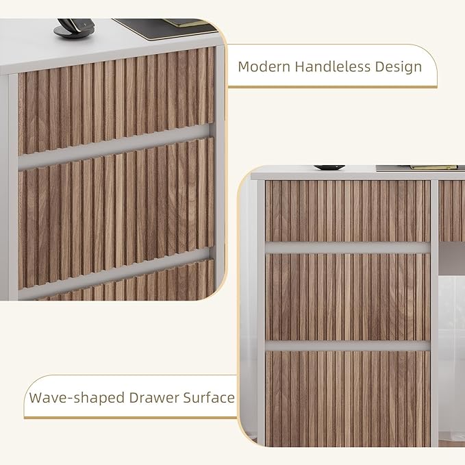 4 EVER WINNER White Desk with Drawers, 48 Inch Computer Desk with Hidden Handle and Storage Cabinet, Writing Desk with Drawers for Home Office Study Table, White and Walnut