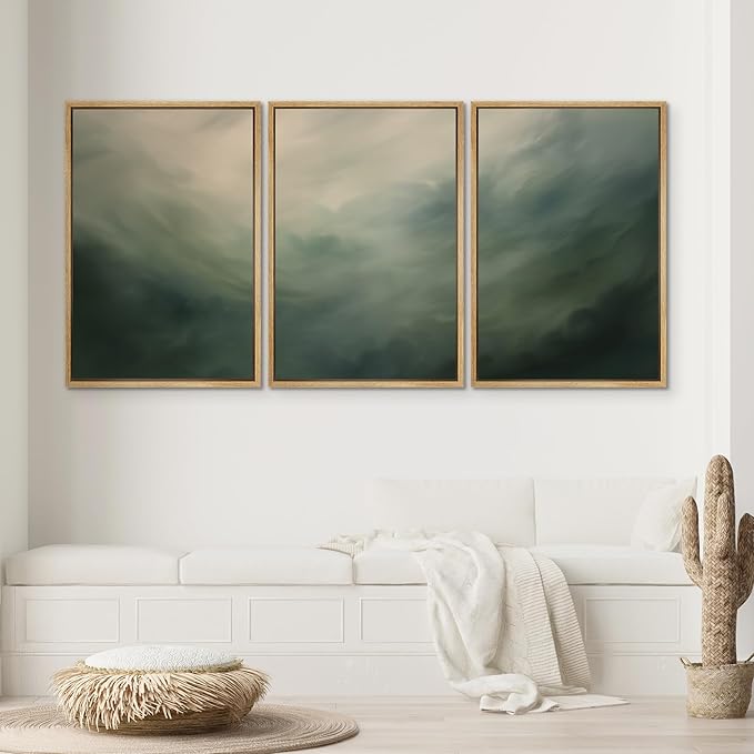SIGNWIN Framed Canvas Print Wall Art Set Green Abstract Cloudy Landscape Illustrations Modern Art Decorative Boho Relax/Zen Nordic for Living Room, Bedroom, Office - 16"x24"x3 Natural