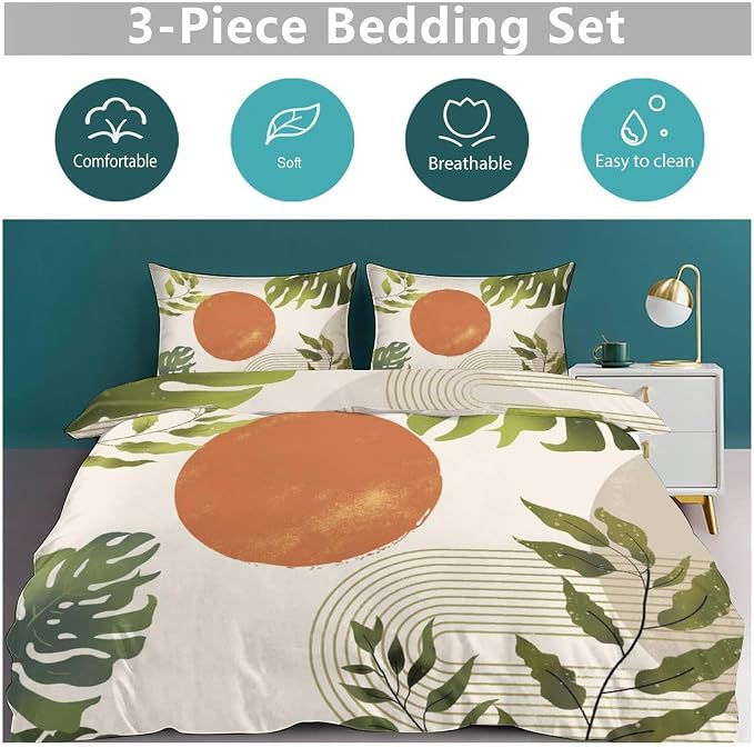 Green Leaf Bedding Set,Mid Century Tropical Plant Palm Leaves Abstract Minimalist Geometic Boho Modern Comforter Set with Pillowcase for Bedroom Bed Decor,Queen 90"x90"