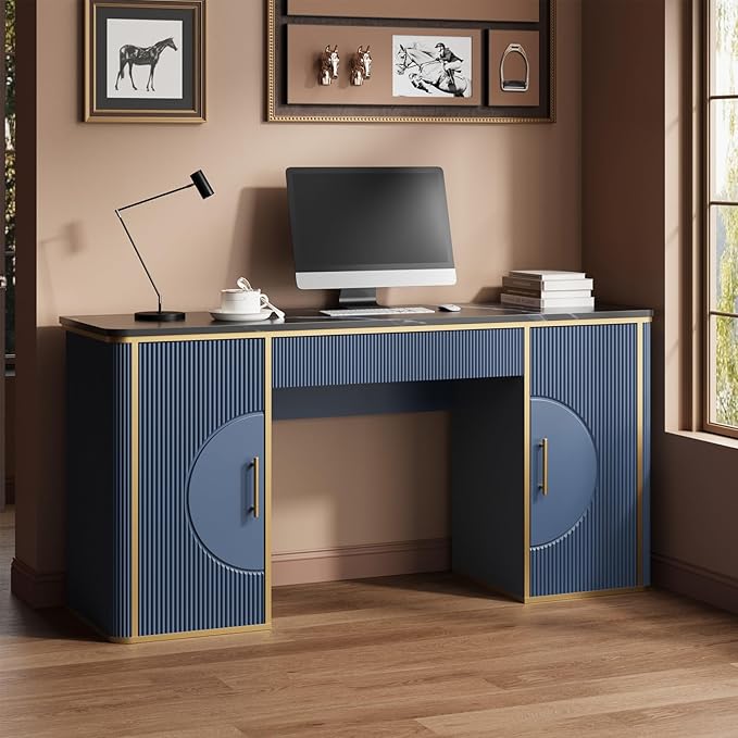 60" Fluted Computer Desk, Wooden Long Home Office Writing Desk with Drawer & Storage Cabinet, Modern Writing Table with Charging Station, High Executive Desk for Office，Bedroom, Navy Blue