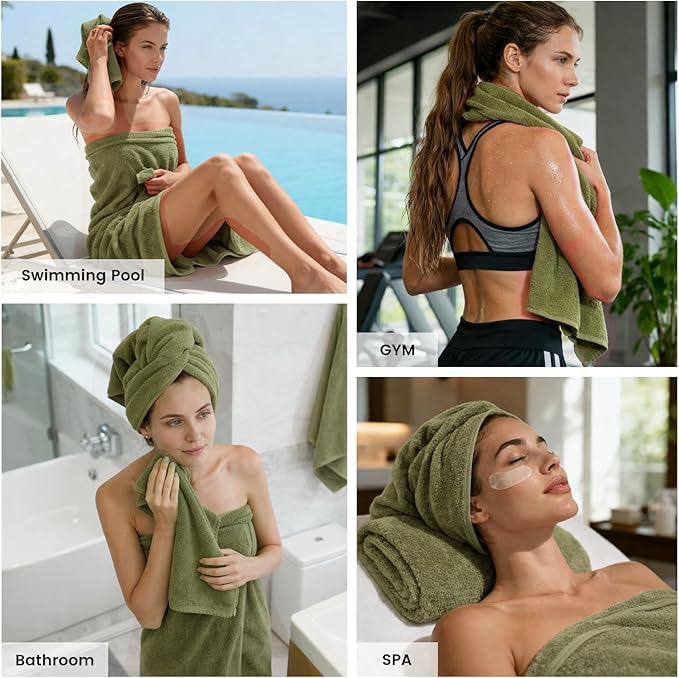 SEMAXE Sage Green Bath Towel Set, 100% Cotton Bathroom Towels with Hanging Loops, Soft & Absorbent, 8 Piece Towel Set Include 2 Bath Towels, 2 Hand Towels, 4 Washcloths