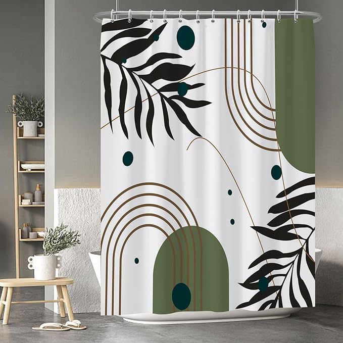 Baocicoo Mid Century Boho Shower Curtain Botanical Abstract Green Leaf Shower Curtain for Bathroom Hostel Hotel Cubicle Bathtub Decor Durable Waterproof Curtain for Bathroom with Hooks 72x96 Inches