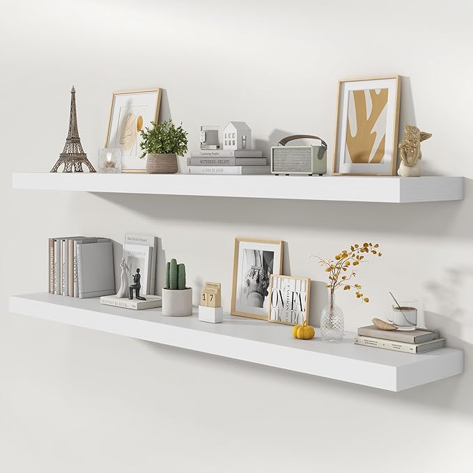 72 Inch Floating Shelves | 12 Inch Deep White Floating Shelves Set of 2 | 72" W x 12" D Rustic White Wood Wall Shelves for Bathroom Living Room Kitchen Laundry Room