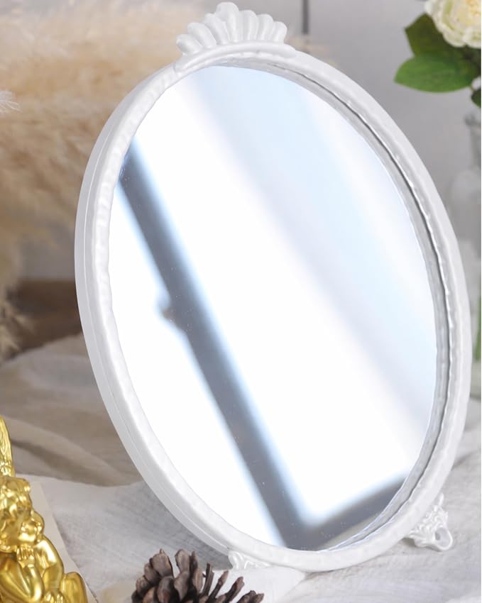 Gold Vintage Decor Vanity Mirror,Baroque Wall Art Retro Oval Mirror,Antique Wall Mirrors Decorative,Maximalist Decor Mirror for Desk Bedroom Bathroom Dresser Wall-Mounted,11.0" L x 7.9" W White