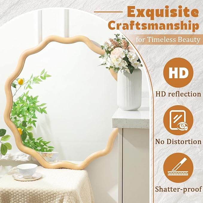 Vercraft 36 Inch Scalloped Wooden Bathroom Round Circle Mirror for Wall, Boho Wavy with Tempered Glass, Natural Frame Hanging for Bedroom, Living Room, Entryway, Farmhouse(Natural Wood Color)