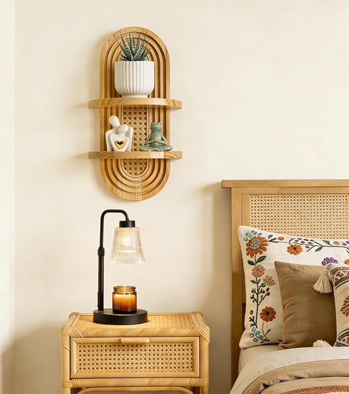 2-Tier Woven Rattan Floating Shelves, Mid-Century Modern Boho Wooden Wall Hanging Decor Plant Shelf for Living Room, Bedroom, Bathroom, Home Office, Ideal for Small Planters & Accents (Natural)