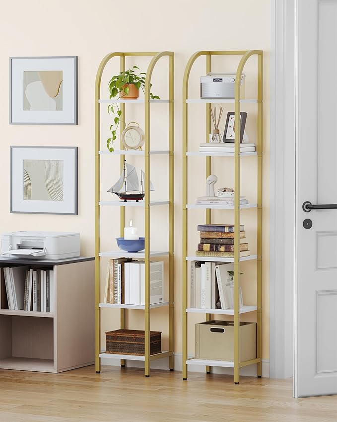 Hzuaneri Bookshelf Bookcase Narrow Bookcase Shelf Organizer with Steel Frame for Study Living Room Bedroom Kitchen Home Office Industrial Bookshelf 6-Tier White Gold BC56013A