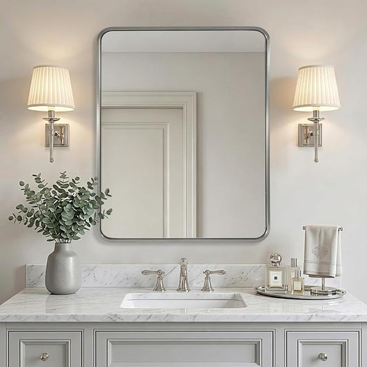 ANDY STAR 24x30'' Brushed Nickel Bathroom Vanity Mirror Over Sinks, Rounded Rectangle Bathroom Wall Mirror in 1'' Seamless Tube Metal Frame,SUS304-Anti-Rust, Wall-Mounted Horizontal/Vertical